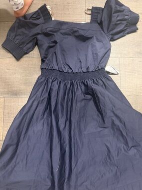 Gal Meets Glam Navy A-Line Midi Dress with Smocked Waist